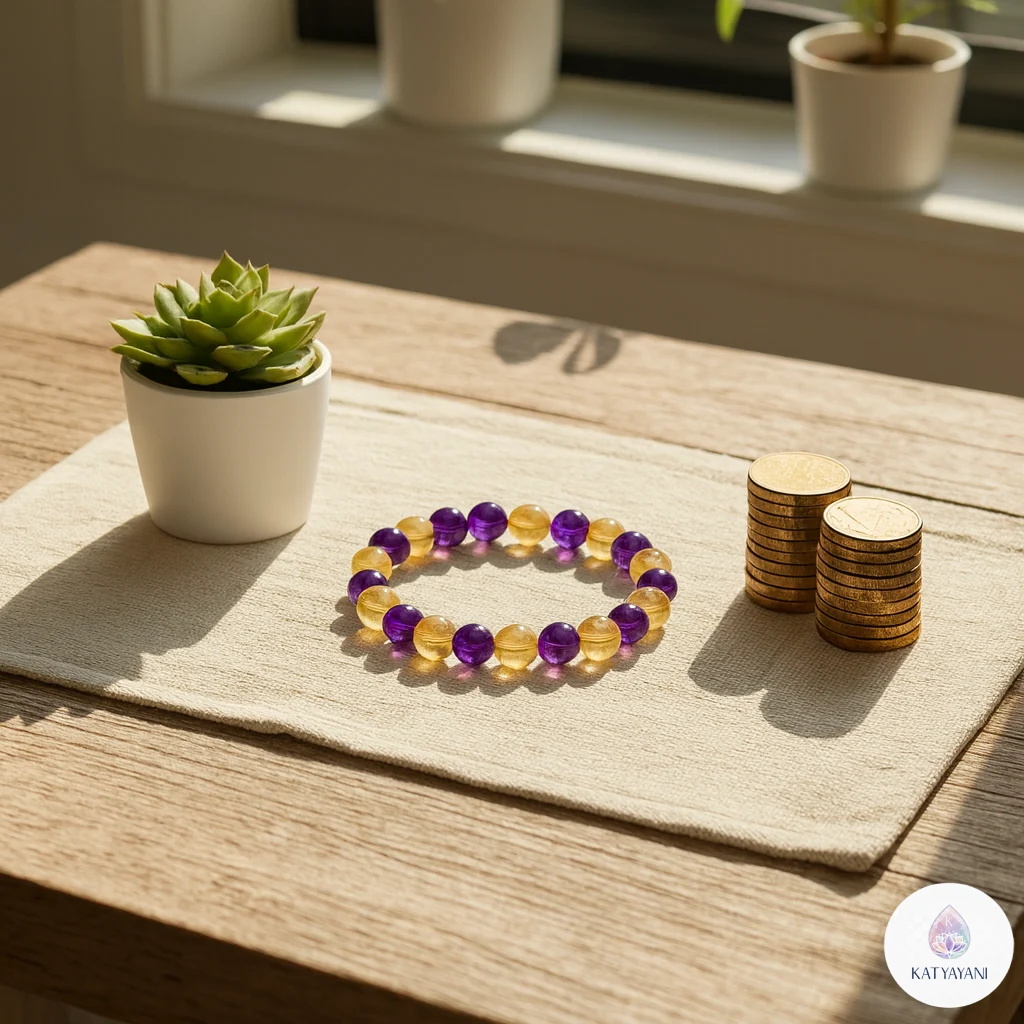 Certified Citrine and Amethyst crystal bracelet for success and emotional balance, pre-activated for USA customers.