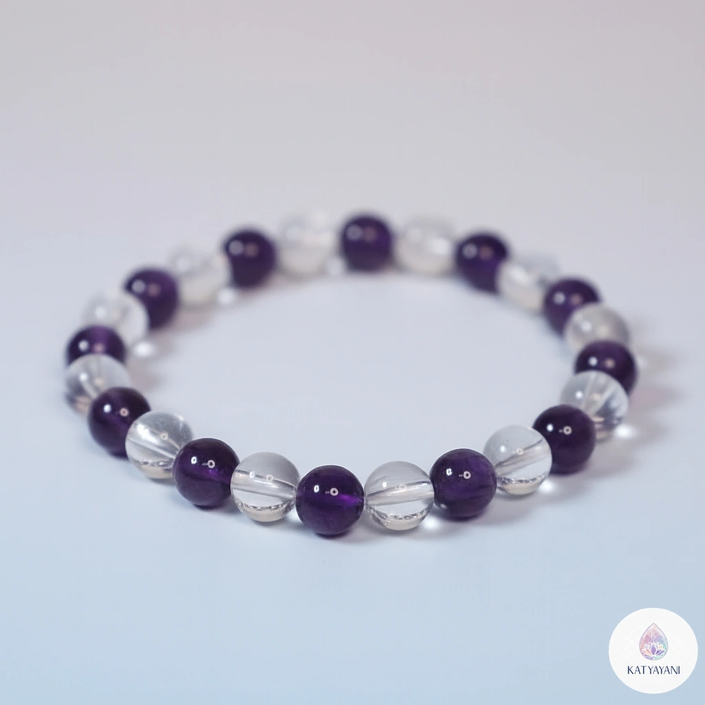 Certified Amethyst and Clear Quartz crystal bracelet for spiritual healing and intuition, pre-activated for USA customers.