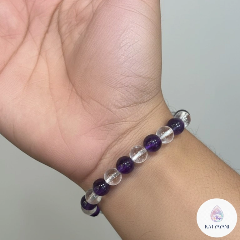 Certified Amethyst and Clear Quartz crystal bracelet for spiritual healing and intuition, pre-activated for USA customers.