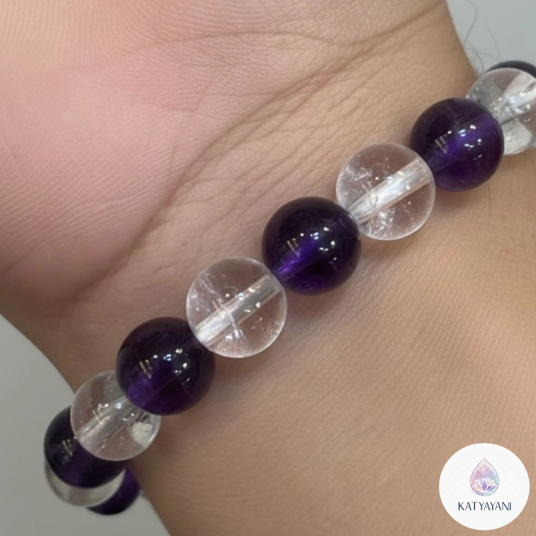 Certified Amethyst and Clear Quartz crystal bracelet for spiritual healing and intuition, pre-activated for USA customers.