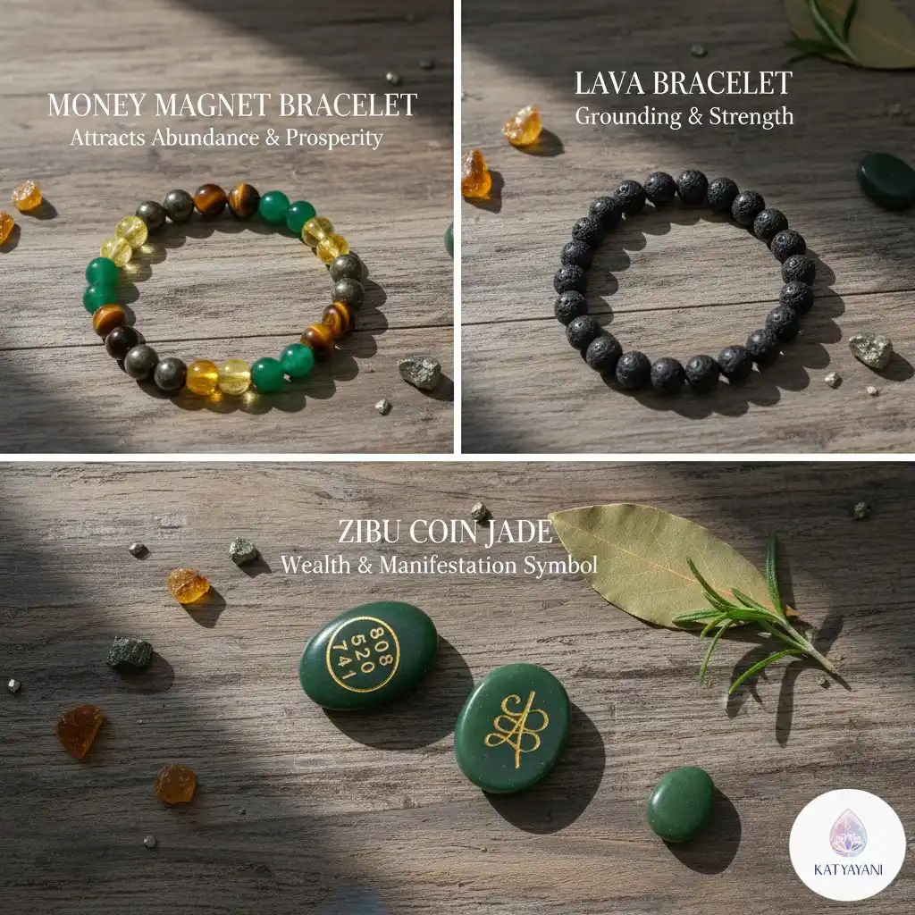 Complete Money Magnet crystal set with 4 wealth bracelets, Green Jade Zibu coin, and Lava diffuser bracelet, pre-activated for USA.