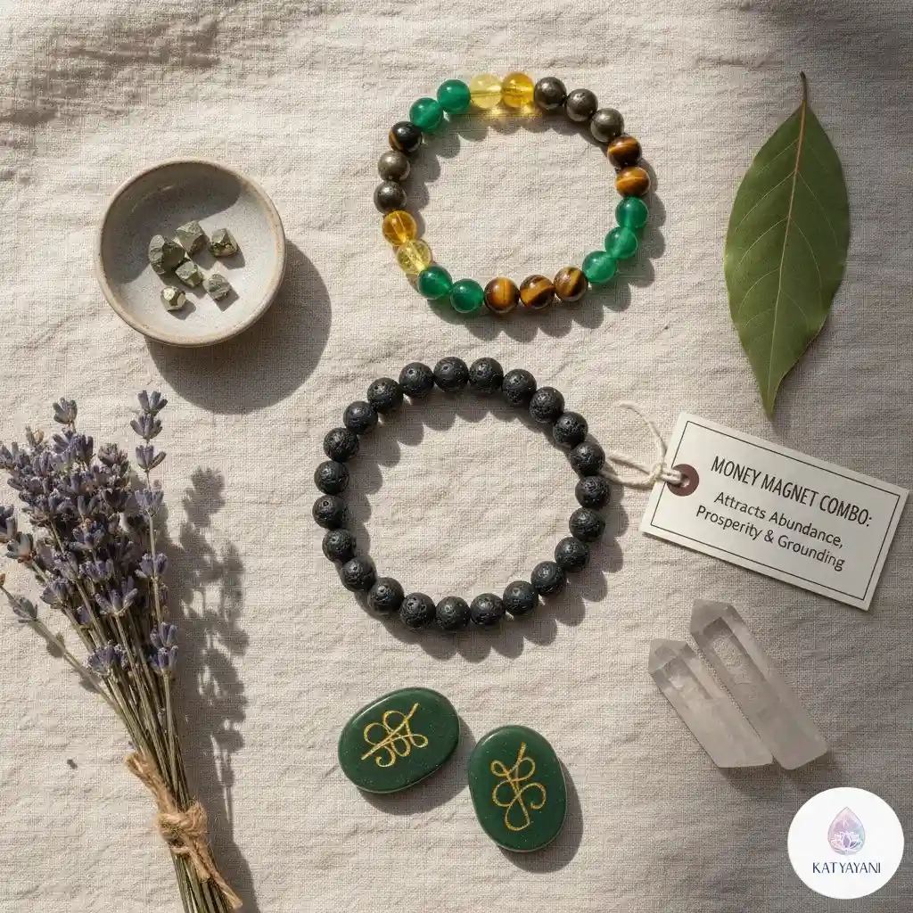 Complete Money Magnet crystal set with 4 wealth bracelets, Green Jade Zibu coin, and Lava diffuser bracelet, pre-activated for USA.
