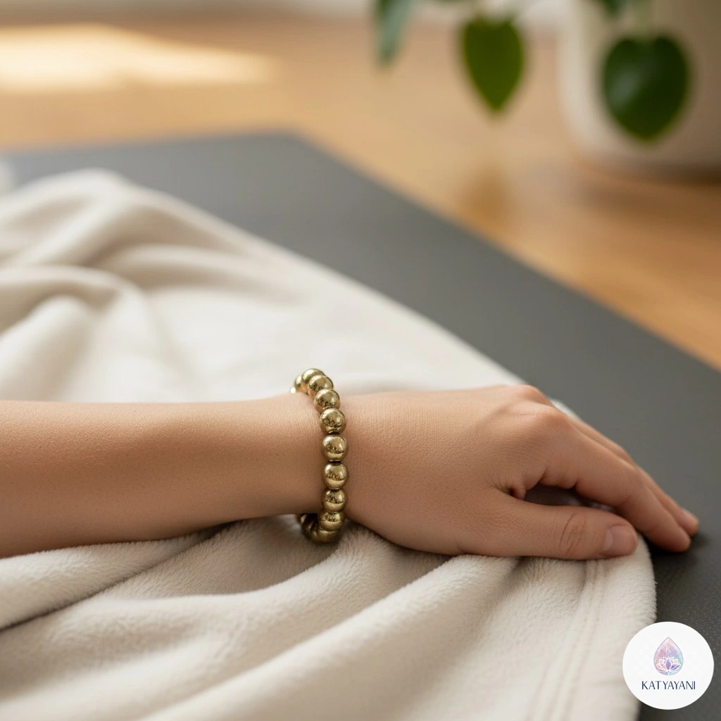 Certified 8mm Golden Pyrite crystal bracelet for business success and abundance, pre-activated for USA customers.