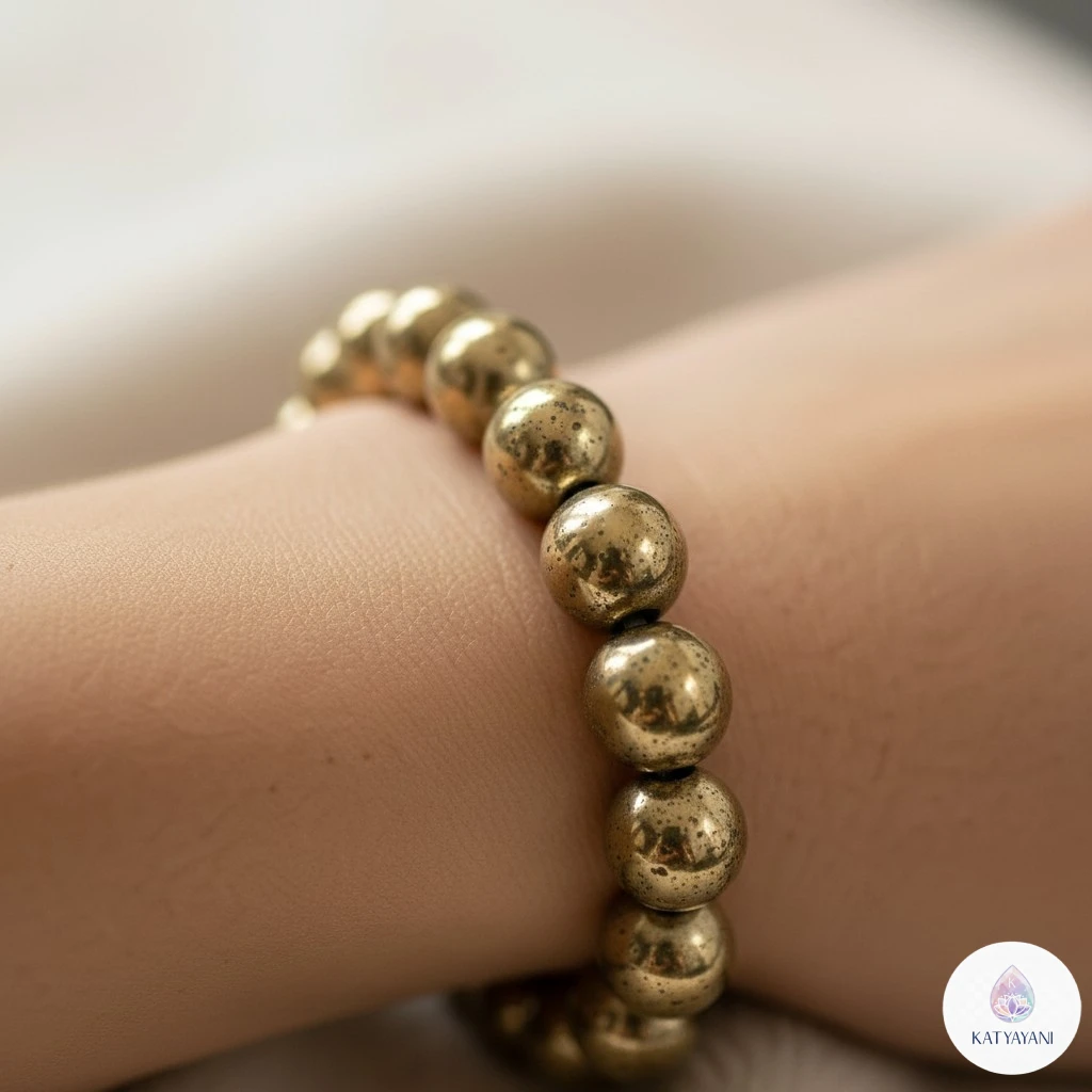 Certified 8mm Golden Pyrite crystal bracelet for business success and abundance, pre-activated for USA customers.