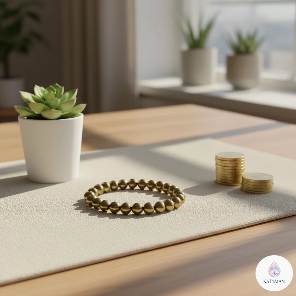 Certified 8mm Golden Pyrite crystal bracelet for business success and abundance, pre-activated for USA customers.